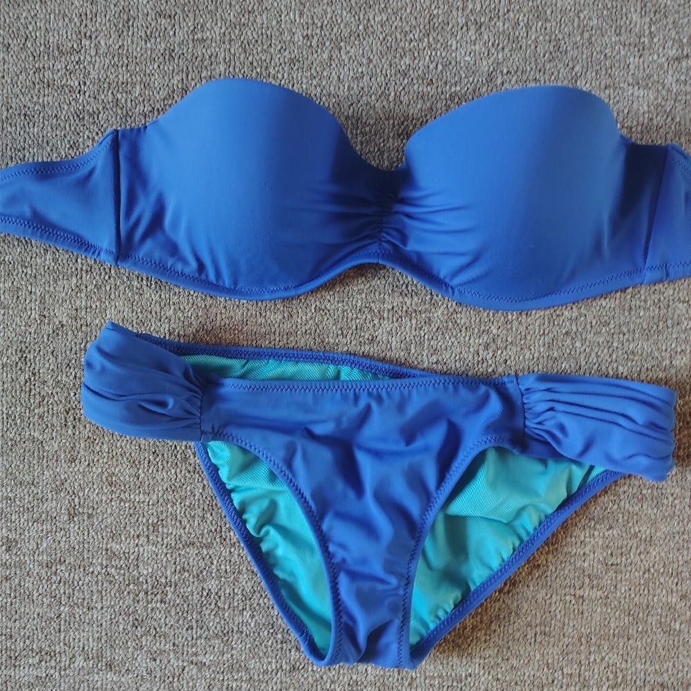 Victoria's Secret Blue 2 Piece Bikini Set Padded Adjustable 34C Top S/P